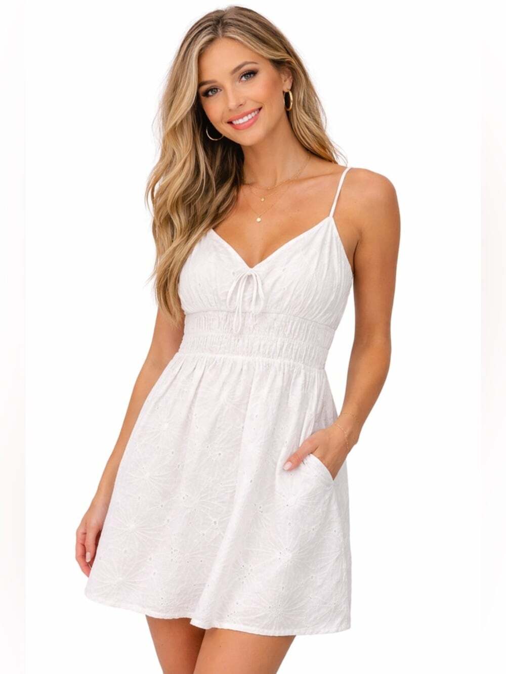Windsor White Eyelet Mini Dress Tie Front Smocked Sundress Cottagecore L